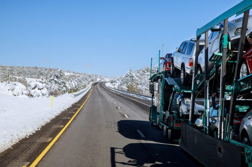 vehicle transport truck in snow